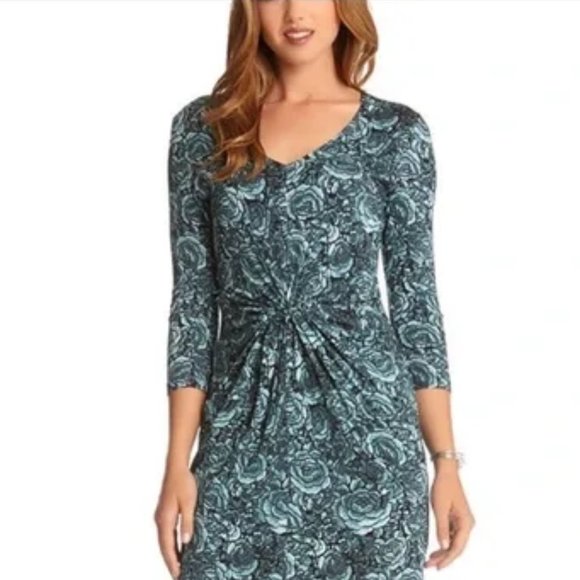 Karen Kane 4L77518 Mist Blue Rose Stretch Jersey Tiffany Dress - MSRP $118 - Picture 1 of 6